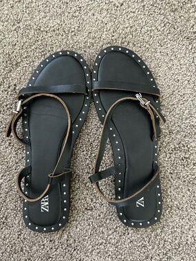 Zara Black Studded Strap Sandals with Silver Buckles